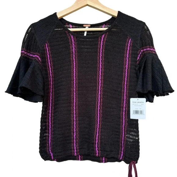NWT Free People Babes Only Sweater Tee In Black with Pink Purple Stripe Size XS - Picture 3 of 6